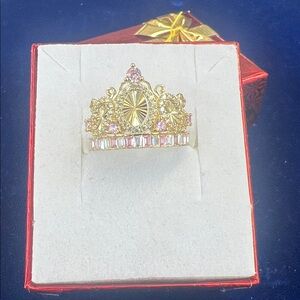 14k Yellow Gold Pink Crystal Tiara Ring